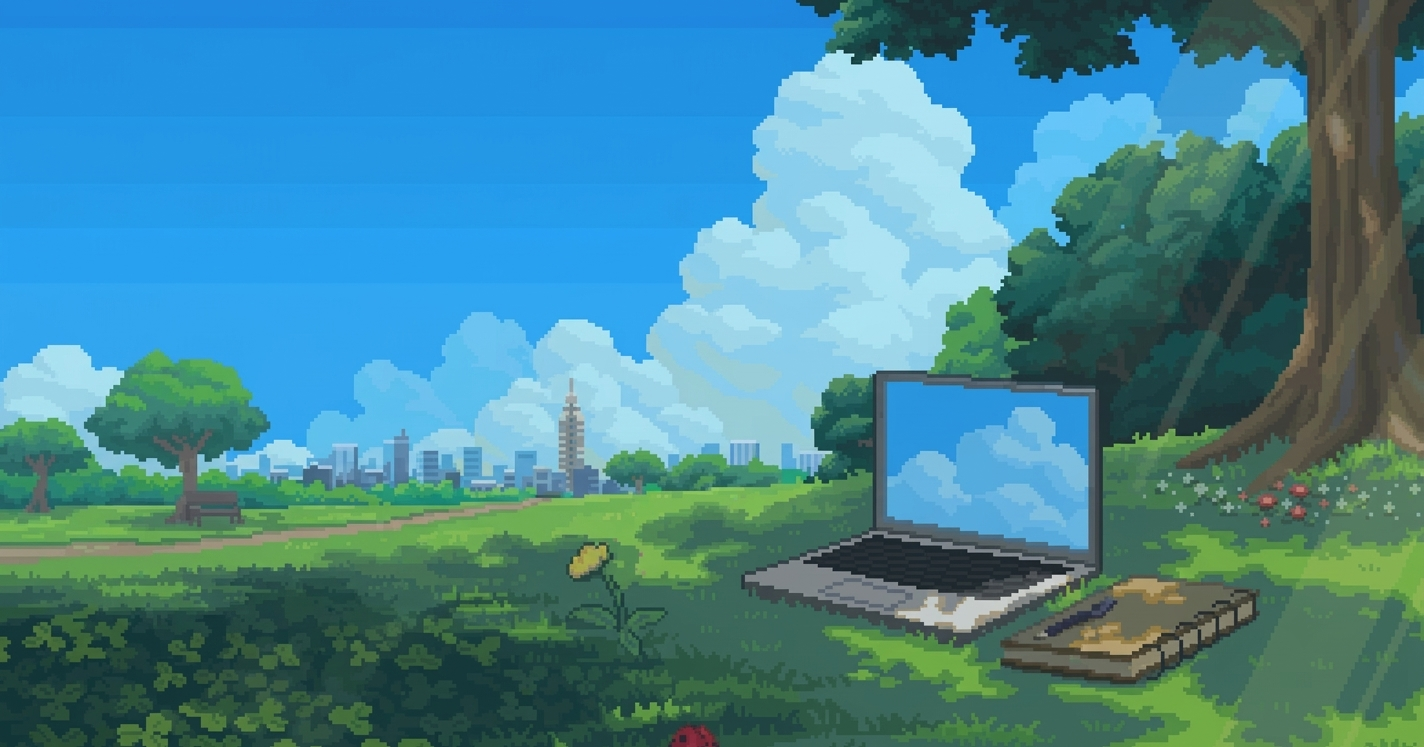 Pixel-art park scene with a laptop and notebook